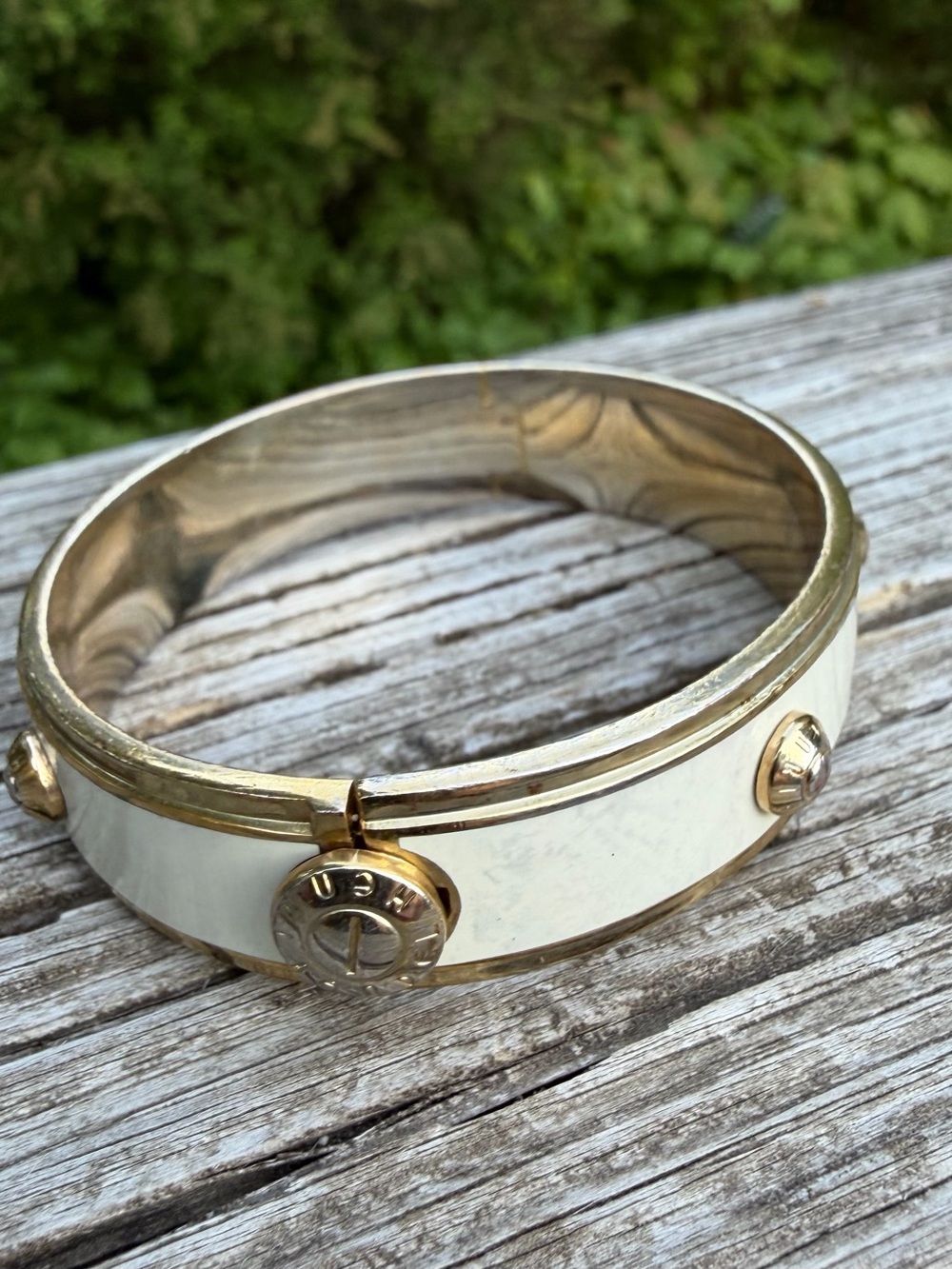 Henri Bendel Hinged Bracelet Cream, GoldTone and Silver Tone Rivets 8” Preowned